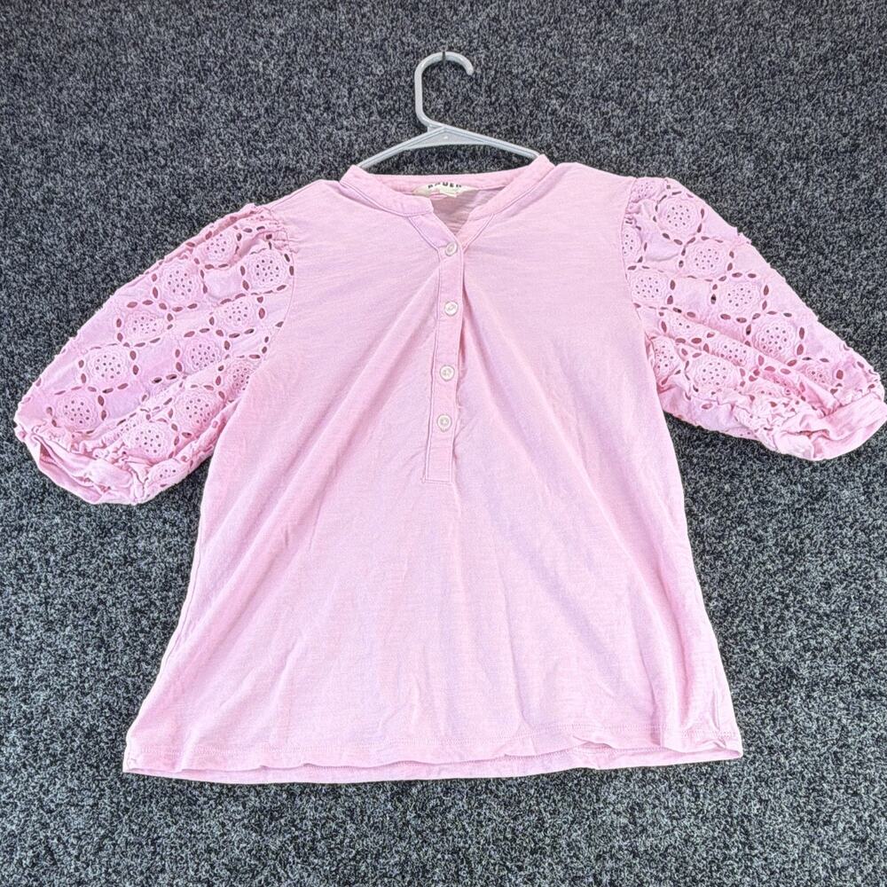 Boden Women's Pink Solid Henley V-Neck Puff Sleeve Eyelet Knit Top Size 10
